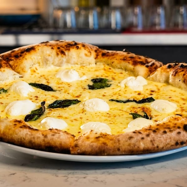 A delicious white pizza with fresh mozzarella, basil, and a perfectly charred crust on a white plate.