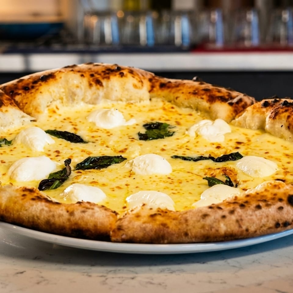 A delicious white pizza with fresh mozzarella, basil, and a perfectly charred crust on a white plate.