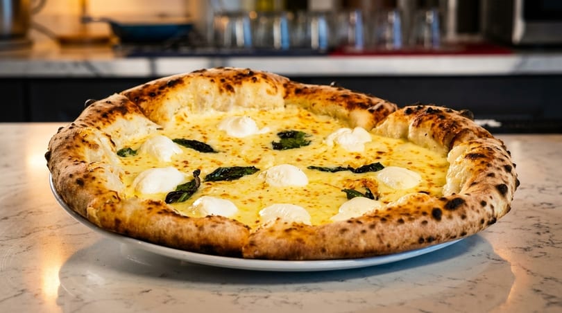 A delicious white pizza with fresh mozzarella, basil, and a perfectly charred crust on a white plate.
