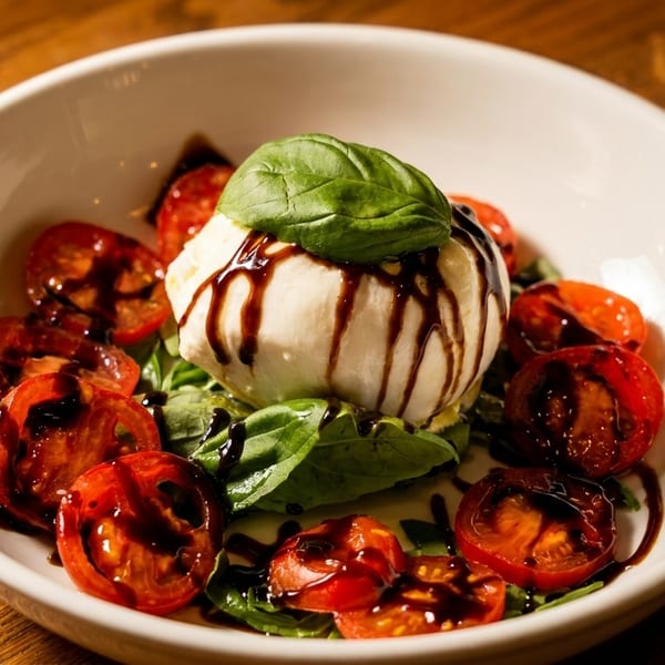Burrata cheese with balsamic glaze, basil, and cherry tomatoes in a white bowl on a wooden table.