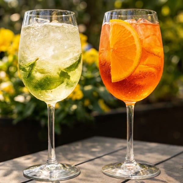 Two refreshing cocktails, one with mint and one with an orange slice, on an outdoor table.