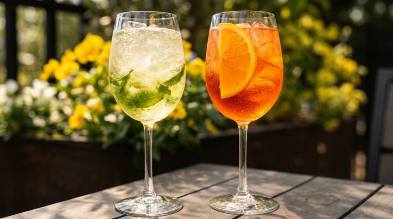 Two refreshing cocktails, one with mint and one with an orange slice, on an outdoor table.