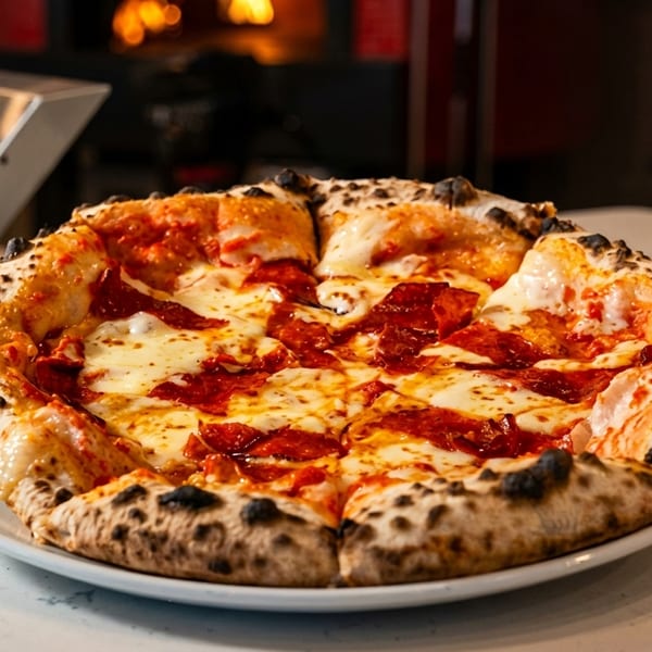 A freshly baked pepperoni pizza with a charred crust on a white plate, with a pizza oven in the background.