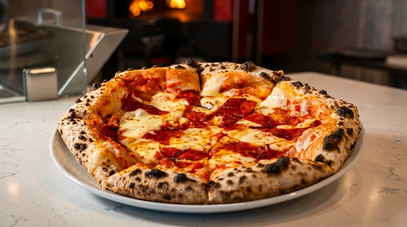 A freshly baked pepperoni pizza with a charred crust on a white plate, with a pizza oven in the background.